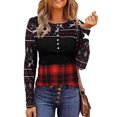 thumbnail image 1 of Camisa de empalme con estampado navideño Top de empalme a cuadros con bloques de color de manga larga y cuello redondo delgado de moda para otoño Negro XL, 1 of 5
