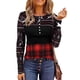 thumbnail image 1 of Camisa de empalme con estampado navideño Top de empalme a cuadros con bloques de color de manga larga y cuello redondo delgado de moda para otoño Negro XL, 1 of 5