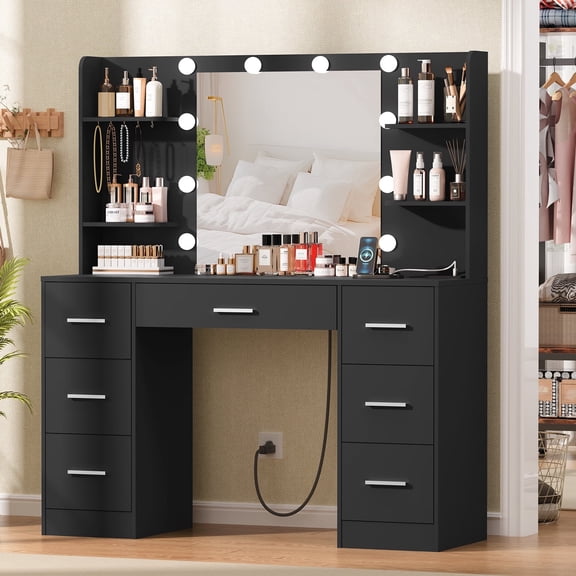 TEENFON Large Vanity Desk with LED Lighted Mirror & Power Outlet,Makeup Vanity Table with 7 Drawers,4 Shelves and 5 Hooks,Vanity Table, Vanity Desk Set for Bedroom,Bathroom, Black