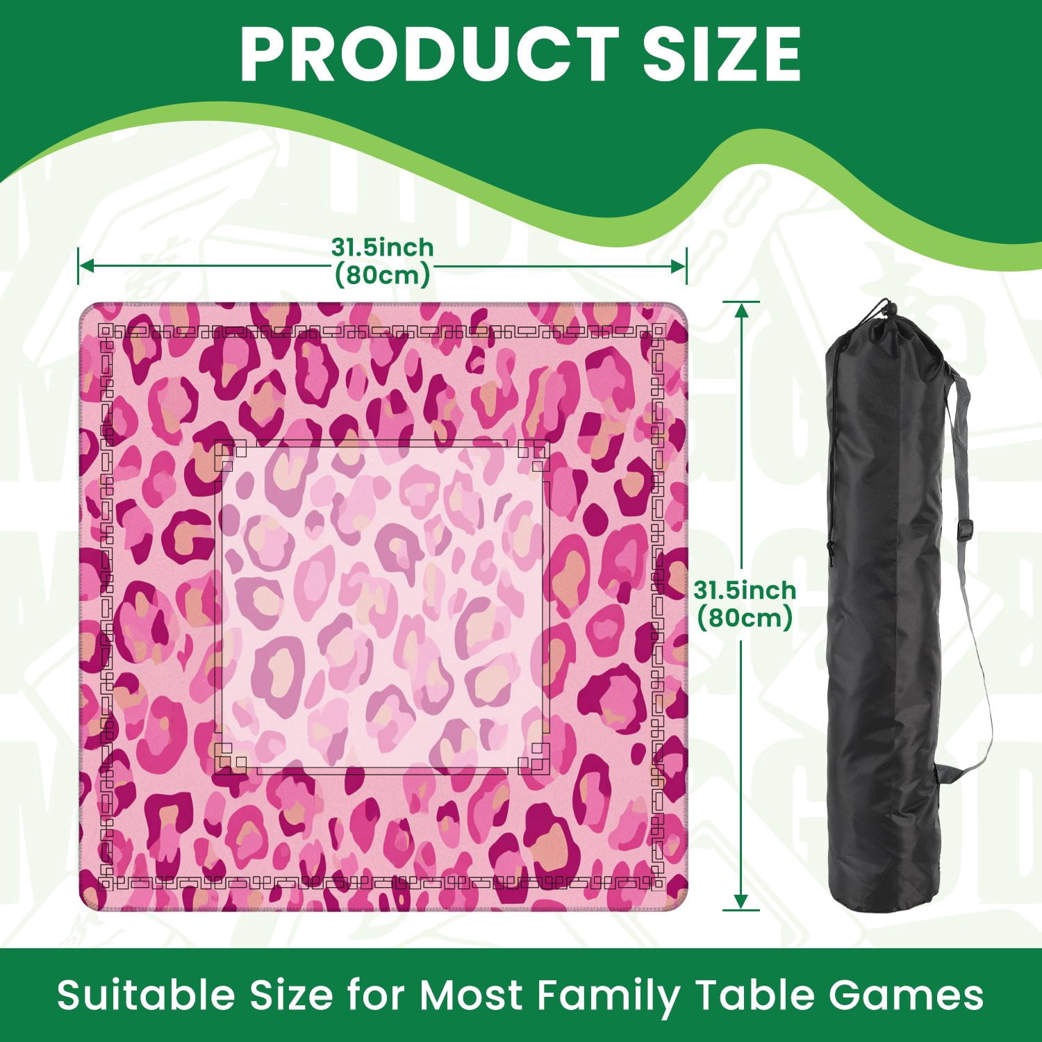 Mahjong Mat 31.5" x 31.5" Seamless pink leopard print tileable animal Non-Slip Noise Reduction American Mahjong Tiles Table Cover for Dominoes Poker Card Board Games Gift