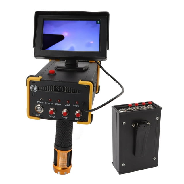 Metal Detector Gold Finder Scanner Device 15m Deep Search 1000m Range With GR8000 Screen Yellow Edge. The device features a black and yellow design with a built-in display screen, multiple control buttons for range, depth, and scan adjustments, and a handheld grip. Includes a transmitter accessory with red switches and a plug power supply. Designed for detecting gold, silver, copper, and precious stones with a detection depth of 15m and a range of 1000m. Made from aluminum and ABS materials, it is lightweight and rechargeable.