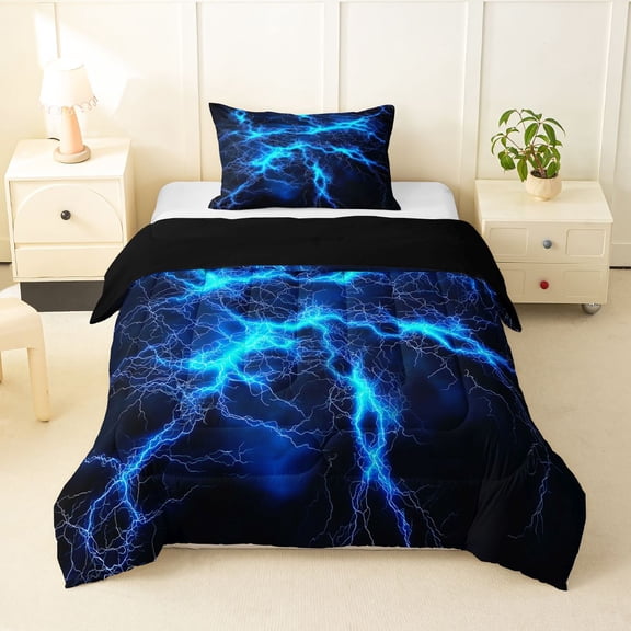 Homewish Blue Wild Lightning Twin Comforter Sets,Modern Abstract Art Bedding Set,Black Reversible,2pcs,1 Comforter and 1 Pillowcase