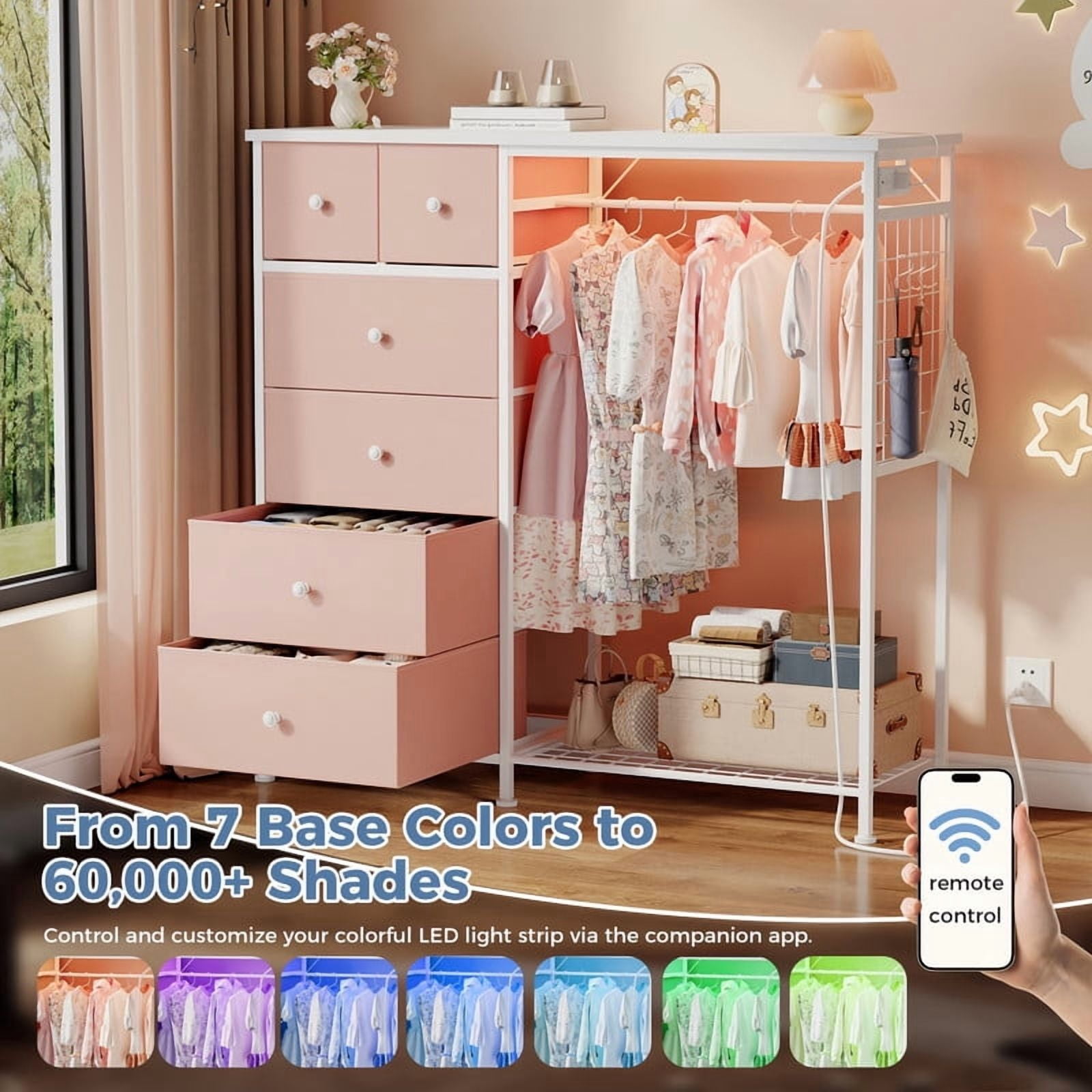 Kelno 6 Drawer Dresser with Hanging Rack LED Lights Charging Station Fabric Closet Organizer Storage Tower, Pink