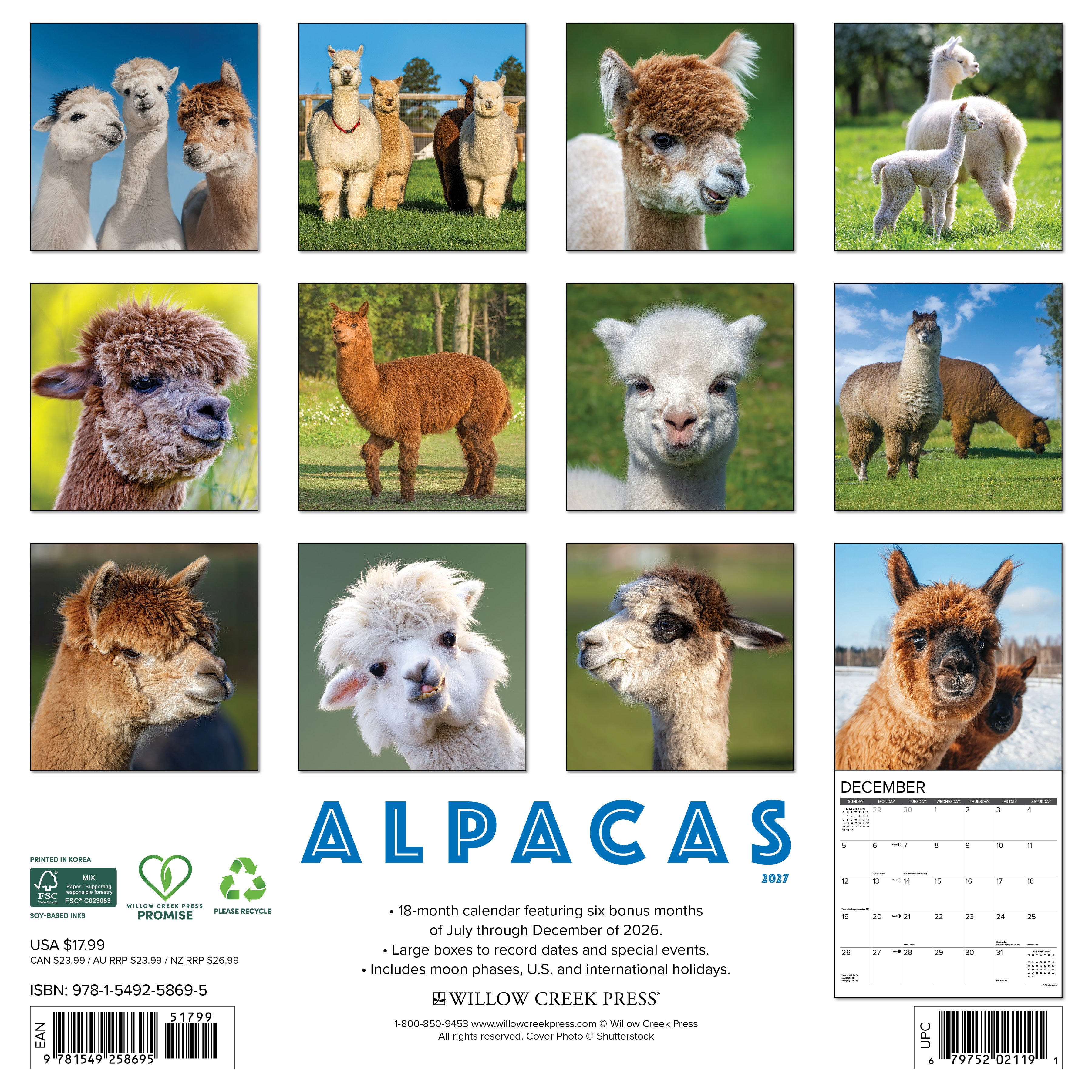 Willow Creek Press, Alpacas 2027 Wall Calendar