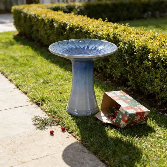 17" Ceramic Bird Bath for Outside, Elegant Tall Outdoor Bird Bath, Lightweight Pedestal Glazed Birdbaths for Outdoors with floral Pattern, Blue Ombre