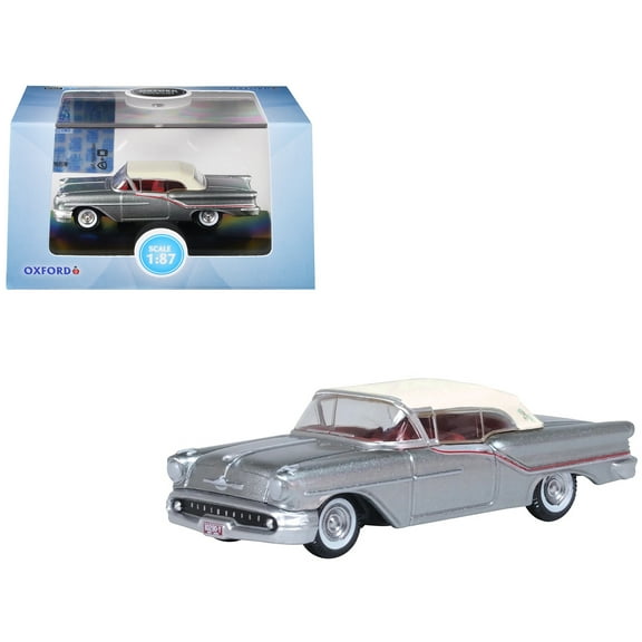 1957 Oldsmobile 88 Convertible Juneau Gray with White Top and Red Interior 1/87 (HO) Scale Diecast Model Car by Oxford Diecast