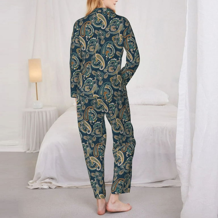 Qokaie Indian Paisley 2 Print Womens Pajama Set, 2 Piece Soft Long
