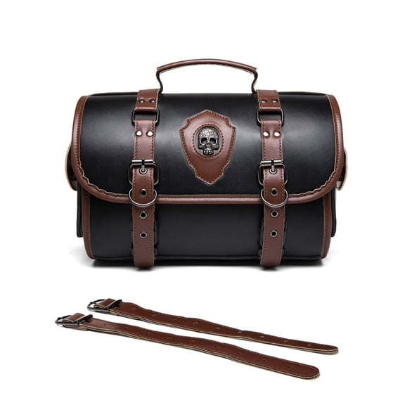 PU Side Bag Travel Luggage Storage Bag Motorcycle Tool Bag with 2 Straps Over Saddles Bag Retro Styles Saddlebag Black