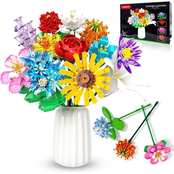 Flower Bouquet Building Set,980PCS Creative DIY Plant Bouquet Decoration,12 Artificial Flowers Botanical for Adults Women Girls Ages 6 ,Idea Gifts for Mother's Day, Birthdays, No Vase