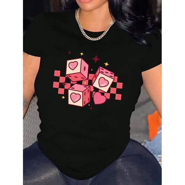 Camiseta Para Mujer De Verano Para Uso Diario, Viajes, DesplazamientosCreative Pink Heart Dice Pattern Printed Women'S Fashion Trendy Round Neck Short Sleeve, Simple Casual Sports T-Shirt, Comfortab