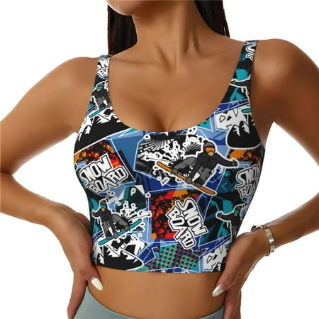 Adobk colorful snow board Print Sports Bras for Women Longline Workout Crop Tank Tops Padded with Built in Shelf Padded Sports Bra-Medium