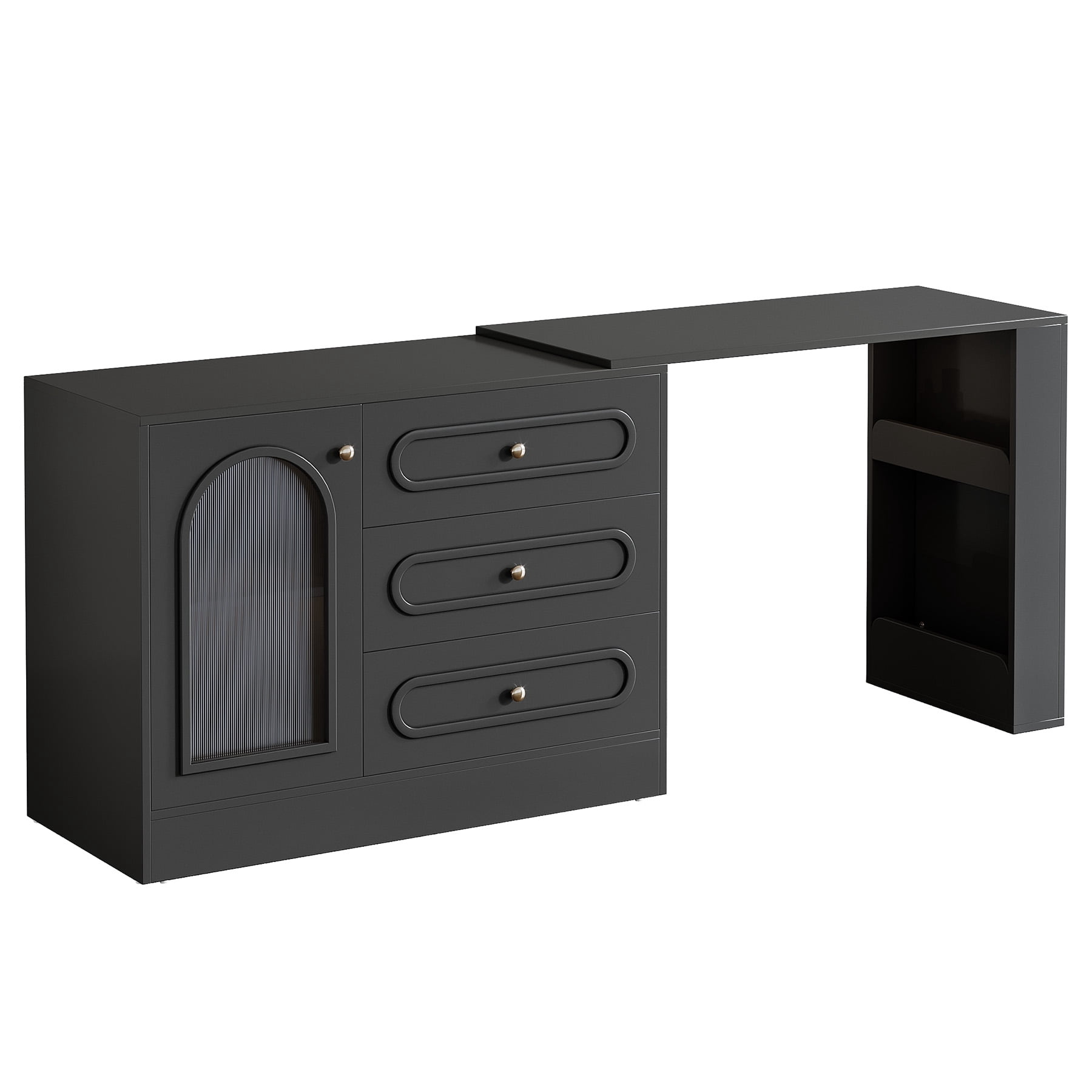 Fnova Rotatable L-Shaped Computer Desk with 3 Drawers, Cabinet, Reversible Corner Design with Adjustable Shelves, Home Office Workstation Writing Table for Bedroom