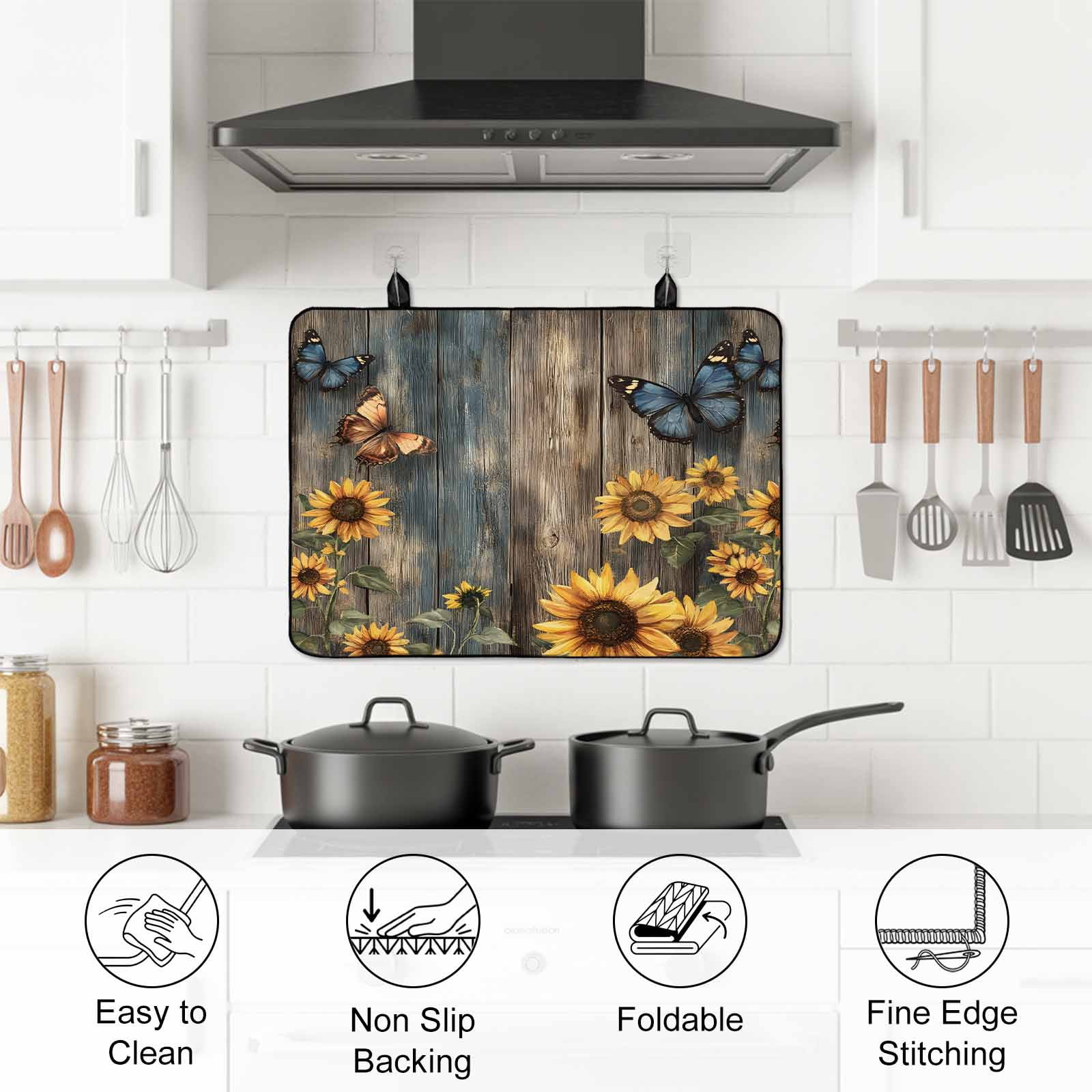Spring Yellow Sunflower Stove Top Cover for Electric Stove, Heat-proof & Non Slip Glass Top Stove Cover Protector, Butterfly Wood Retro Farmhouse Kitchen Flat Cooktop Rubber Mat 24x21 Inches