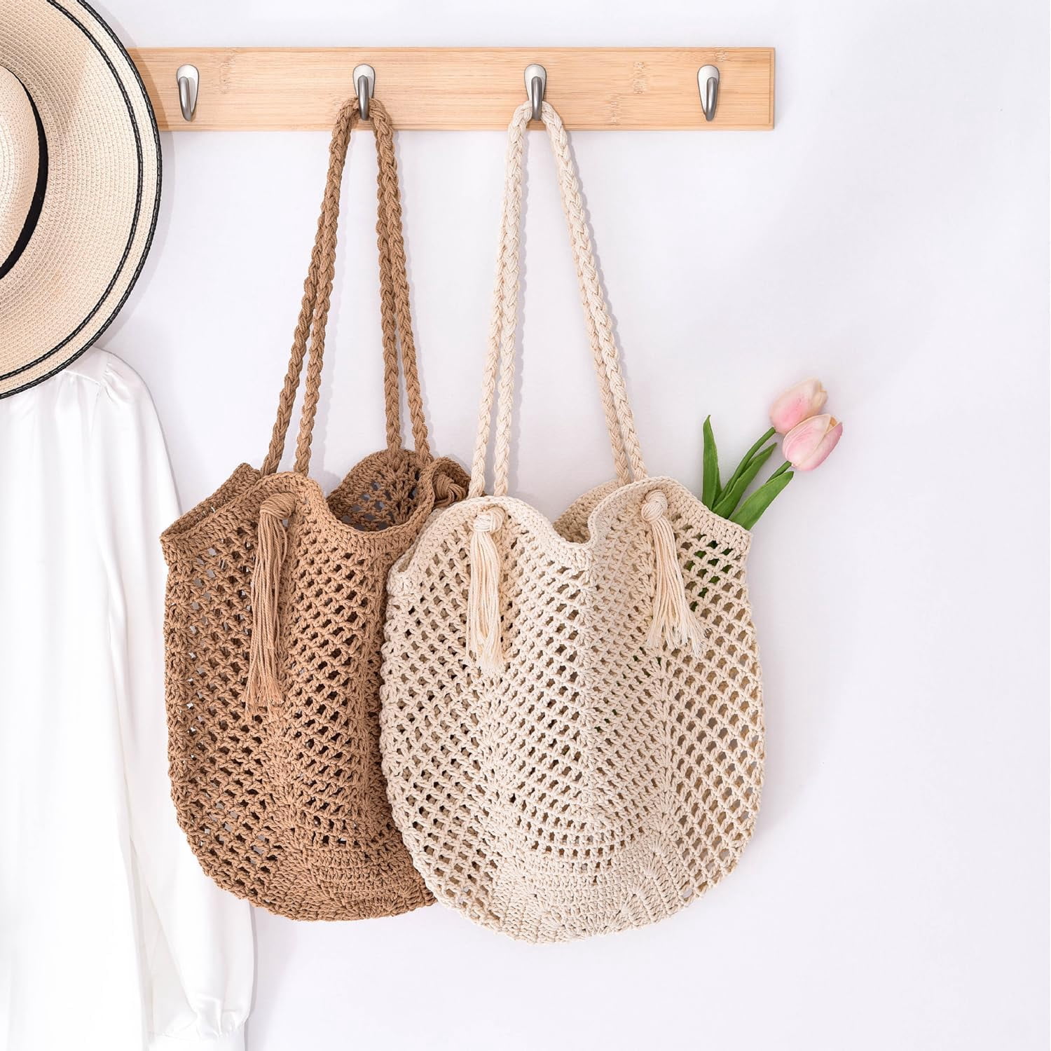 Crochet Beach Tote Bag For Women 2025 Bohemian Shoulder Bag Purse With Leak-Proof Lining for Summer Vacation Travel