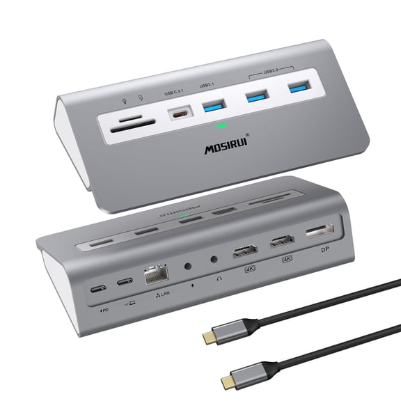 MOSIRUI YH3AC USB C Triple Display Laptop Docking Station with Retail Packaging, Gray