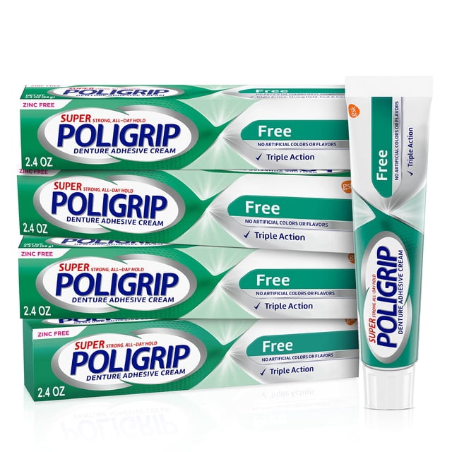 Crema adhesiva para dentaduras postizas Super Poligrip sin zinc, 70 ml x4