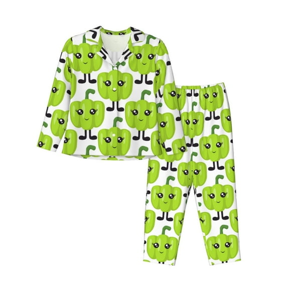 Pajamas for Women Set - bright green sweet peppers eyes Comfy Long Sleeve Button Up Pajama Sets for Women 2 Piece, Soft Sleepwear Nightwear Pjs Lounge Sets for Women with Pockets