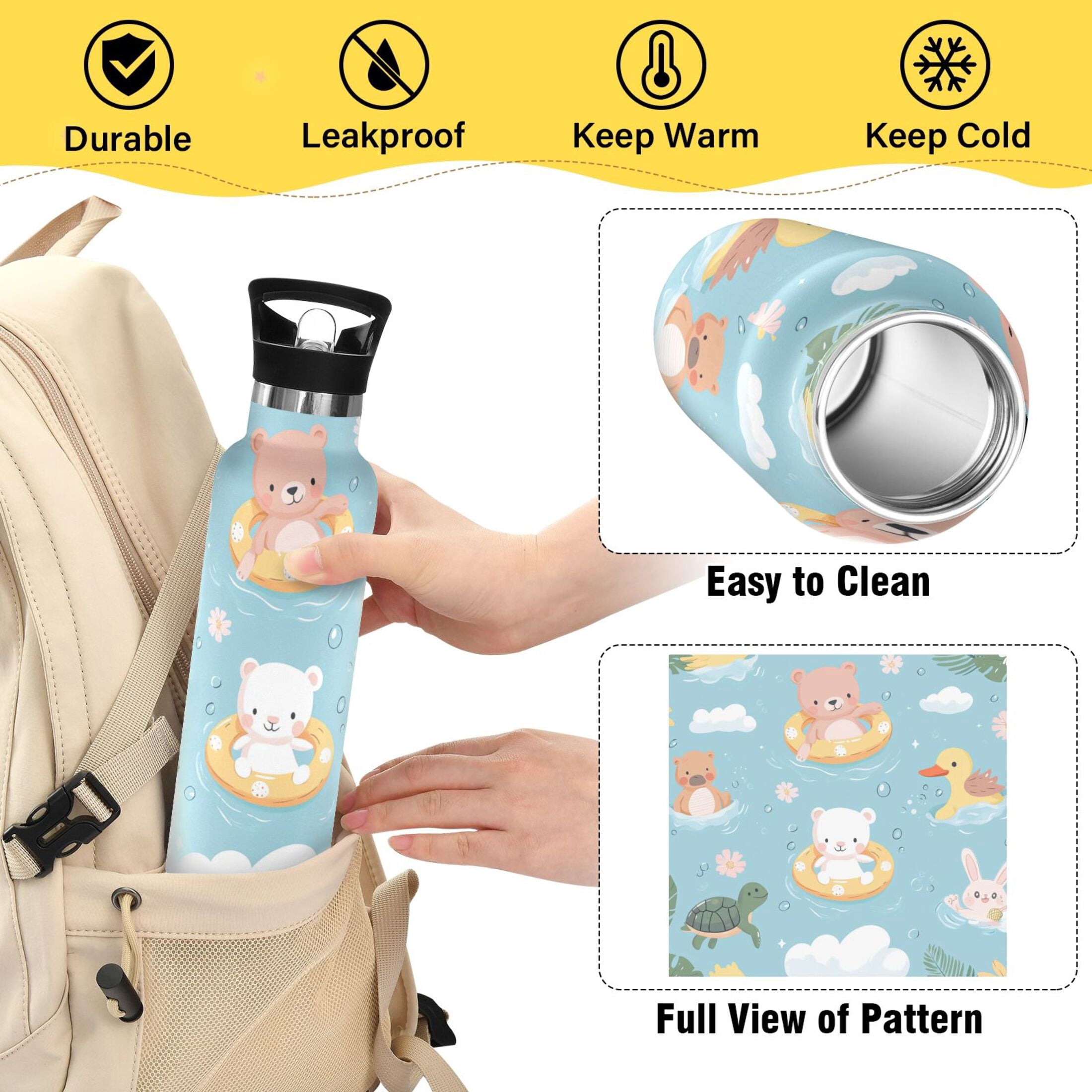 Kids Insulated Stainless Steel Sports Water Bottle 600ml (20oz) Cute Summer Animals Pattern