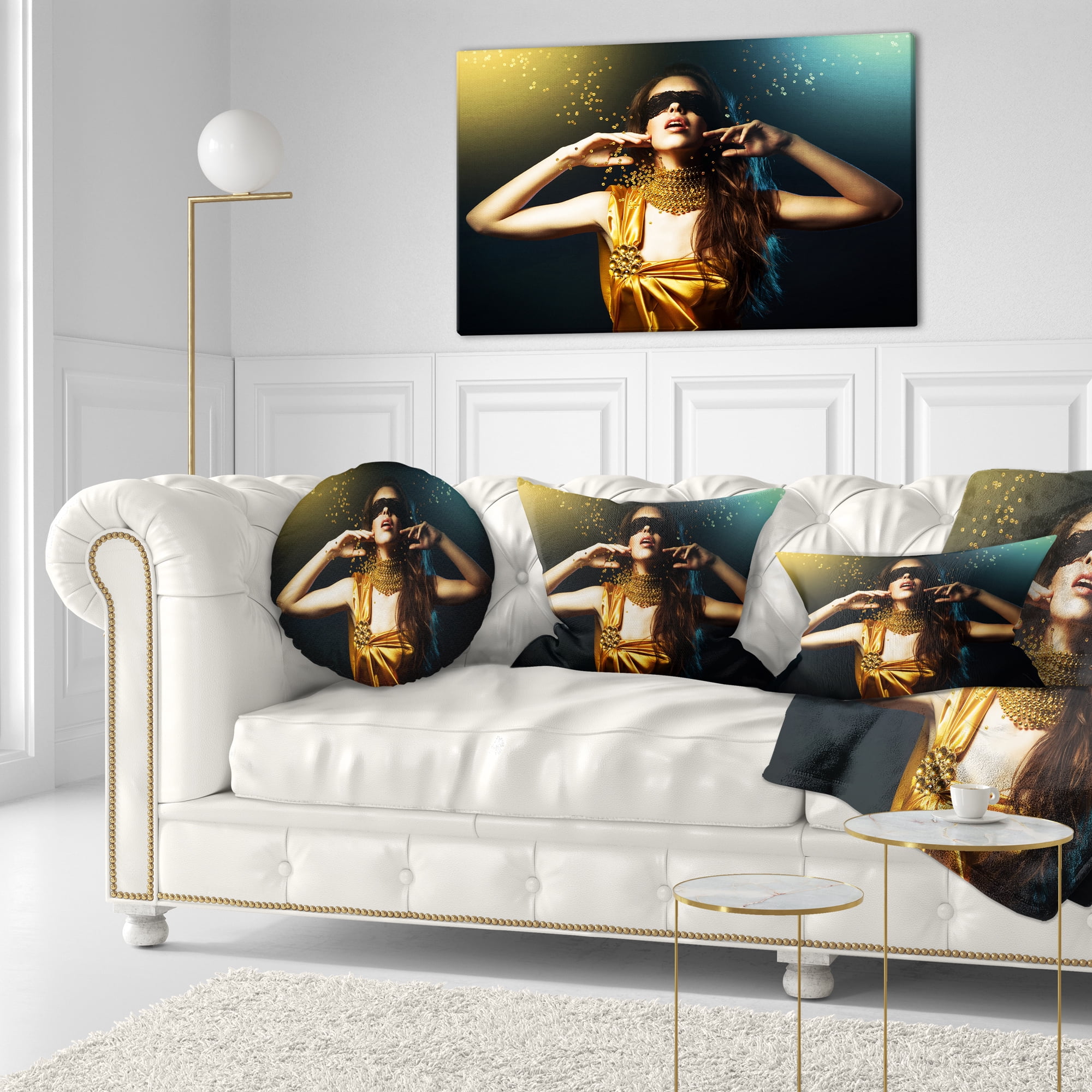 Designart Woman in Yellow with Mask - Portrait Throw Pillow - 12x20