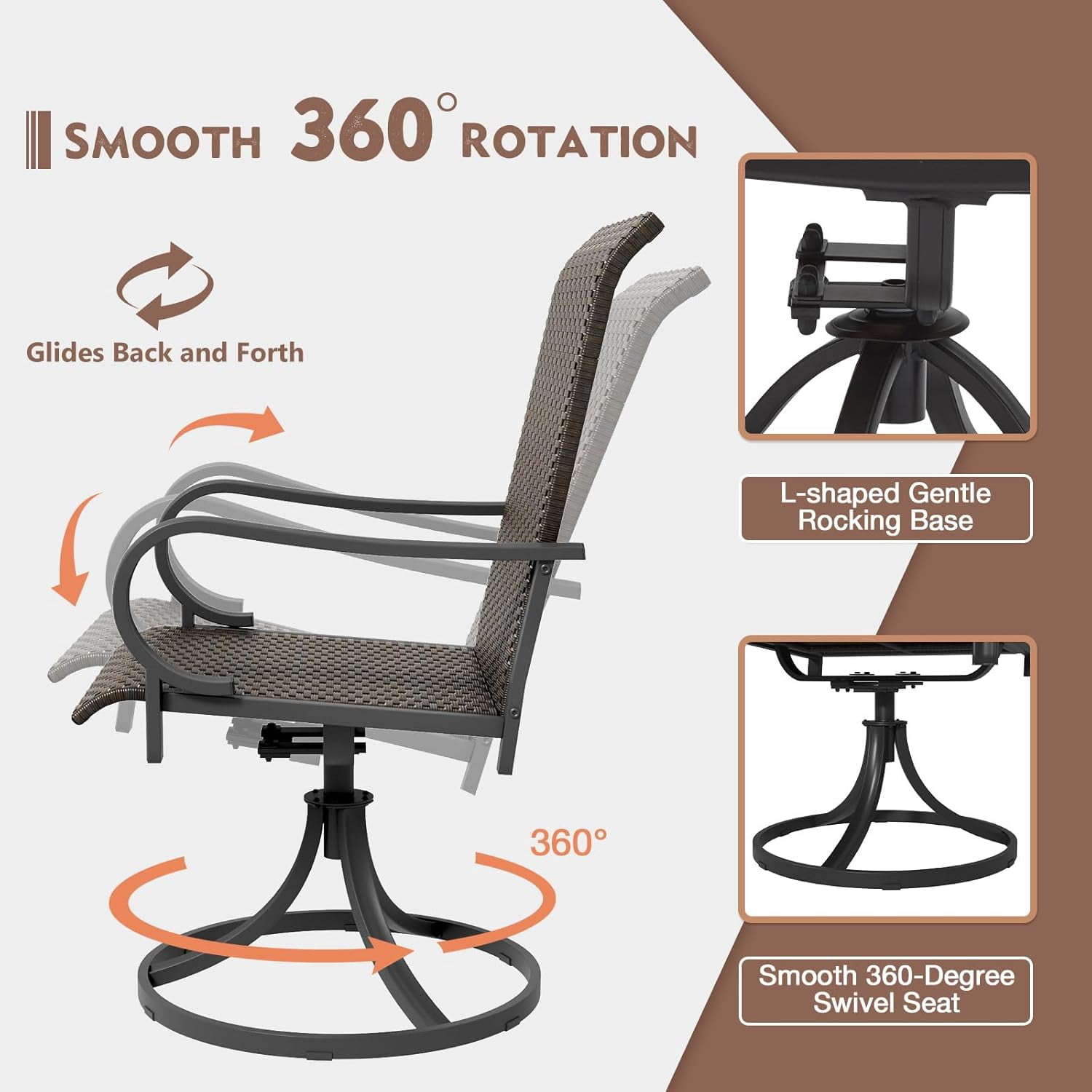 MELLCOM Patio Wicker Swivel Chair Set of 2, Heavy Duty Outdoor Dining Chairs with 26.8'' High Back, Extra-Large Water-Fall Seat, Rattan Porch Chair Gentle Rocker for Outside