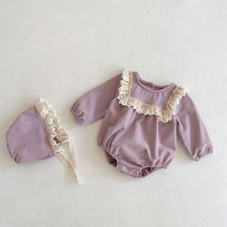 

DanceeMangoo Babany bebe 0-2 Years Baby Girl Long Sleeve Lace Clothing Romper & Lace Hat Newborn Cotton Girl Bodysuit Infant Jumpsuit Clothes