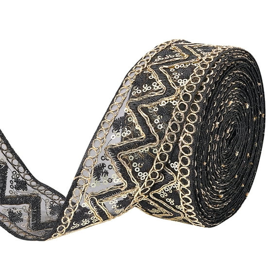 5Yards Embroidery Organza Lace Trim 2 Inch Iron on Lace Trim Black Sequins Lace Mesh Trim with Wave Pattern