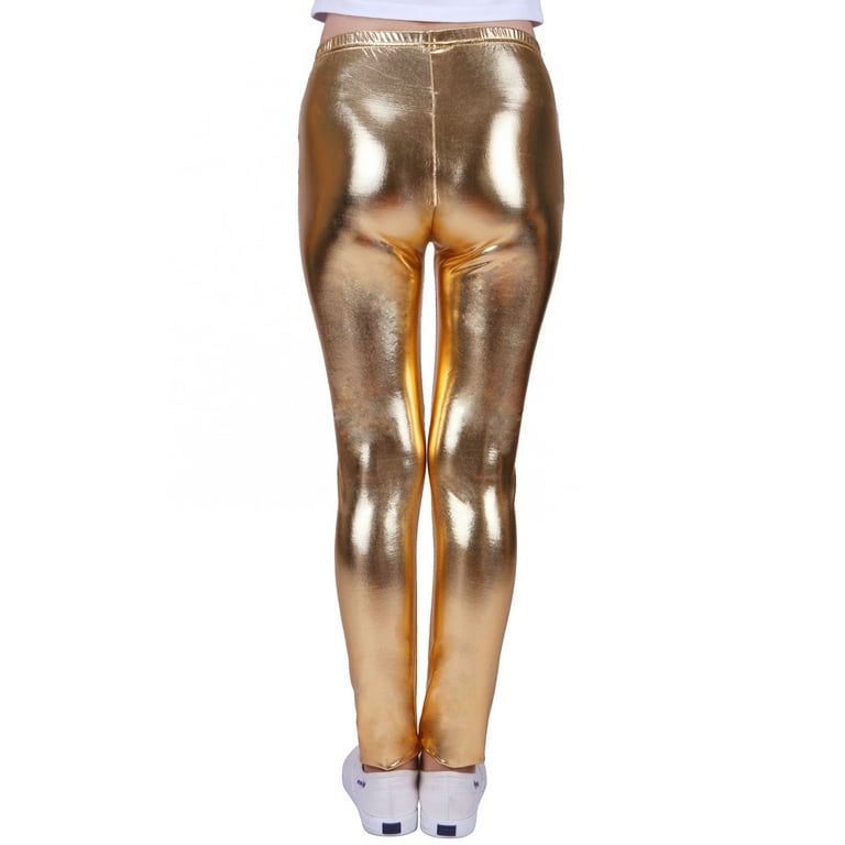 HDE Girls Shiny Wet Look Leggings Kids Liquid Metallic Footless Tights  (4T-12) (Gold, 7/8)
