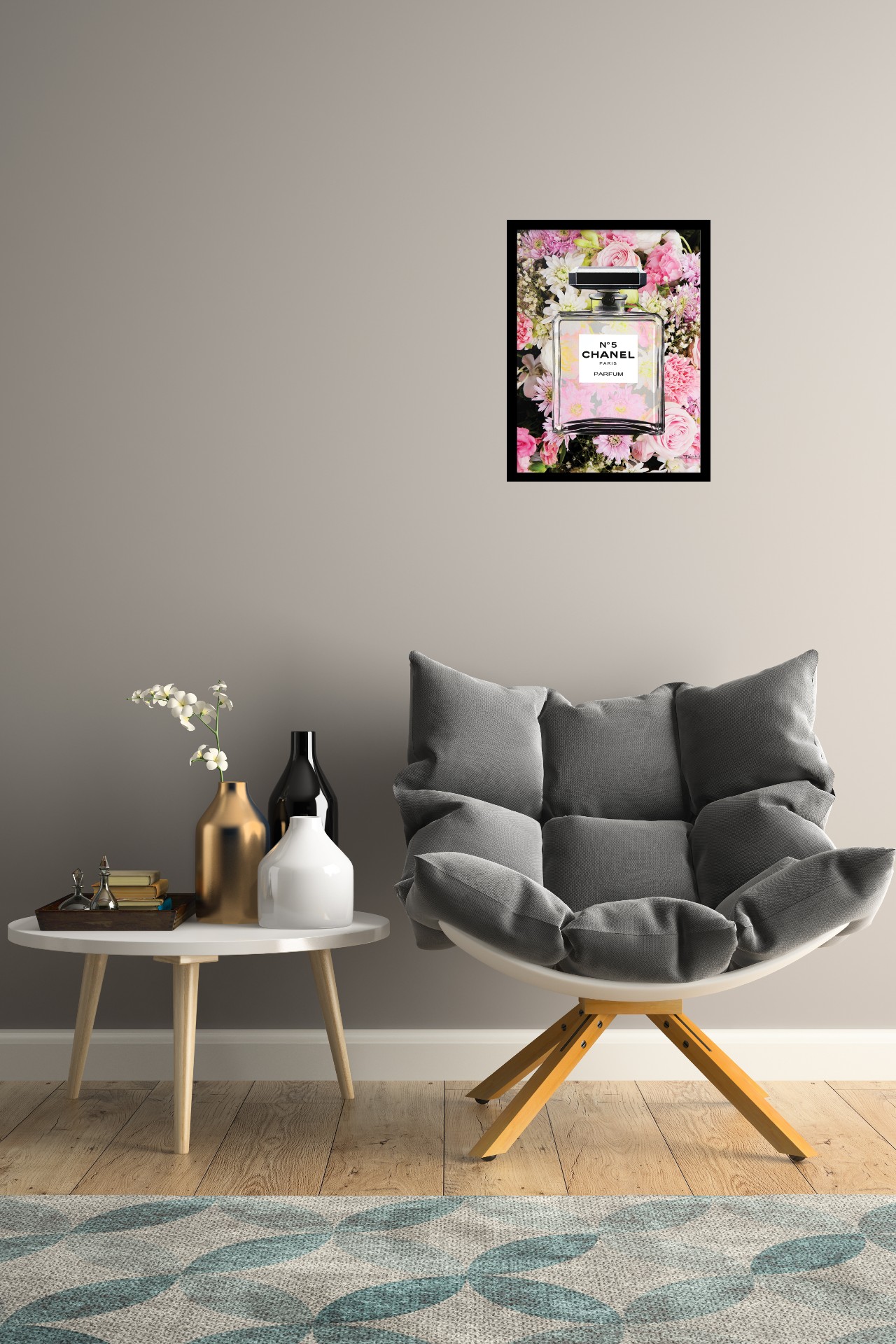 Venice Beach Collection's Fashion Glam Perfume Bottle Floating in Floral 14x18 Framed Print