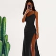 thumbnail image 3 of Quixlent Lady Evening Dress Low-cut V Neck Sleeveless Spaghetti Strap Satin Pleated High Split Solid Color Tight Waist Slim Fit Full Length Summer Prom Party Gown Ball, 3 of 8