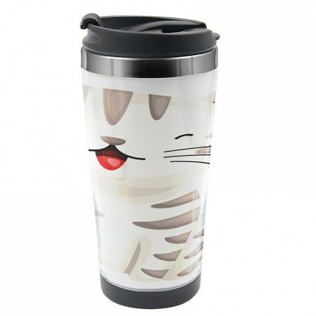 

Cat Travel Mug Happy Cartoon with Stripes Steel Thermal Cup 16 oz by Ambesonne