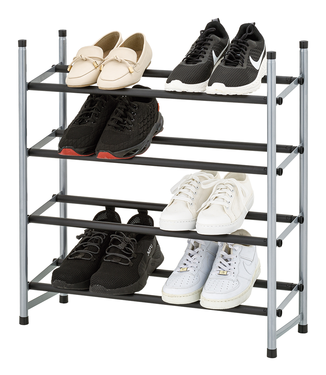 MAINSTAYS 4-TIER EXPANDABLE STACKABLE CLOSET STORAGE SHOE RACK ORGANIZER SHELF, UP TO 20 PAIRS, METAL, BLACK, SILVER