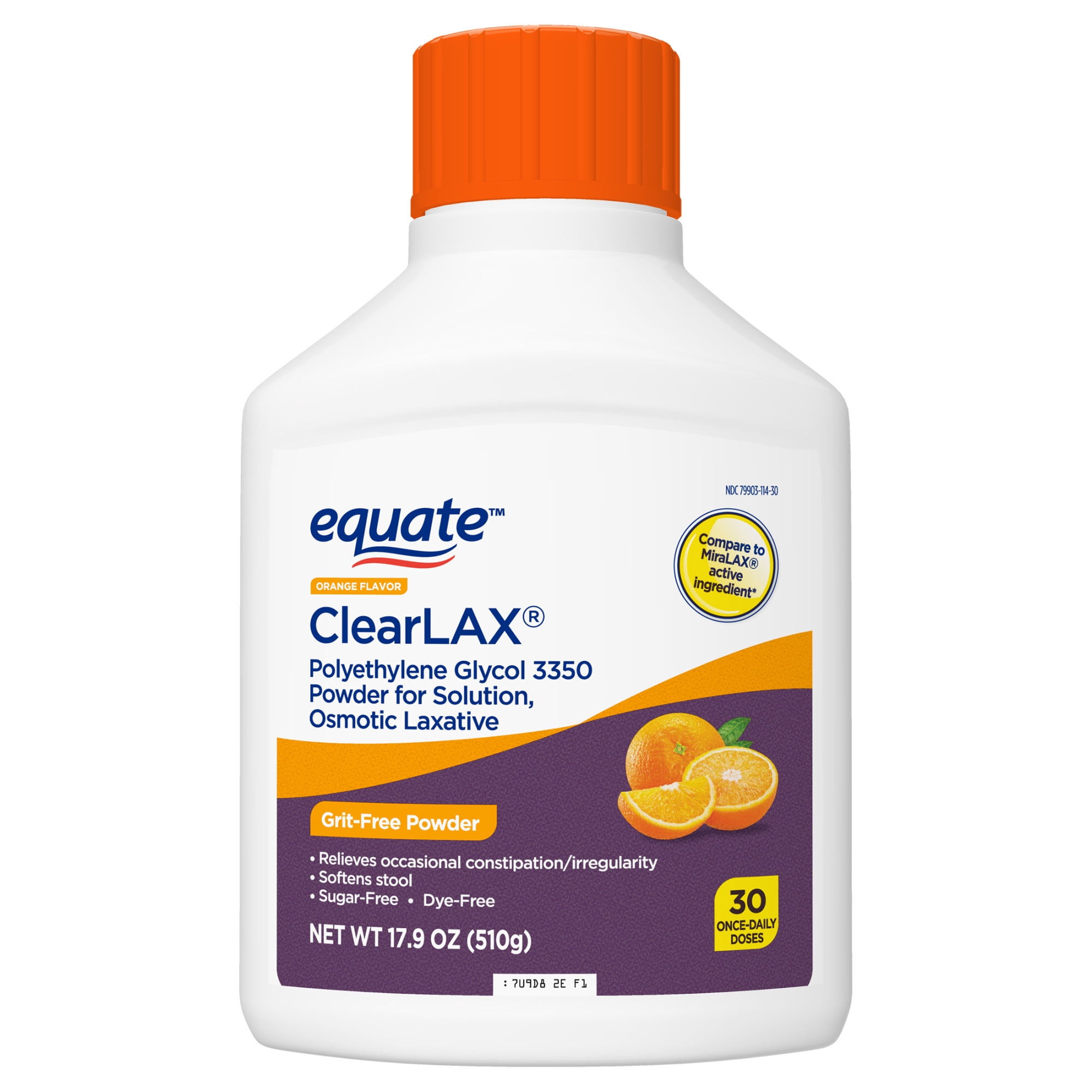 (4 pack) Equate ClearLAX Polyethylene Glycol 3350 Powder for Solution, Orange, 30 Doses, Compare to MiraLAX Active Ingredient