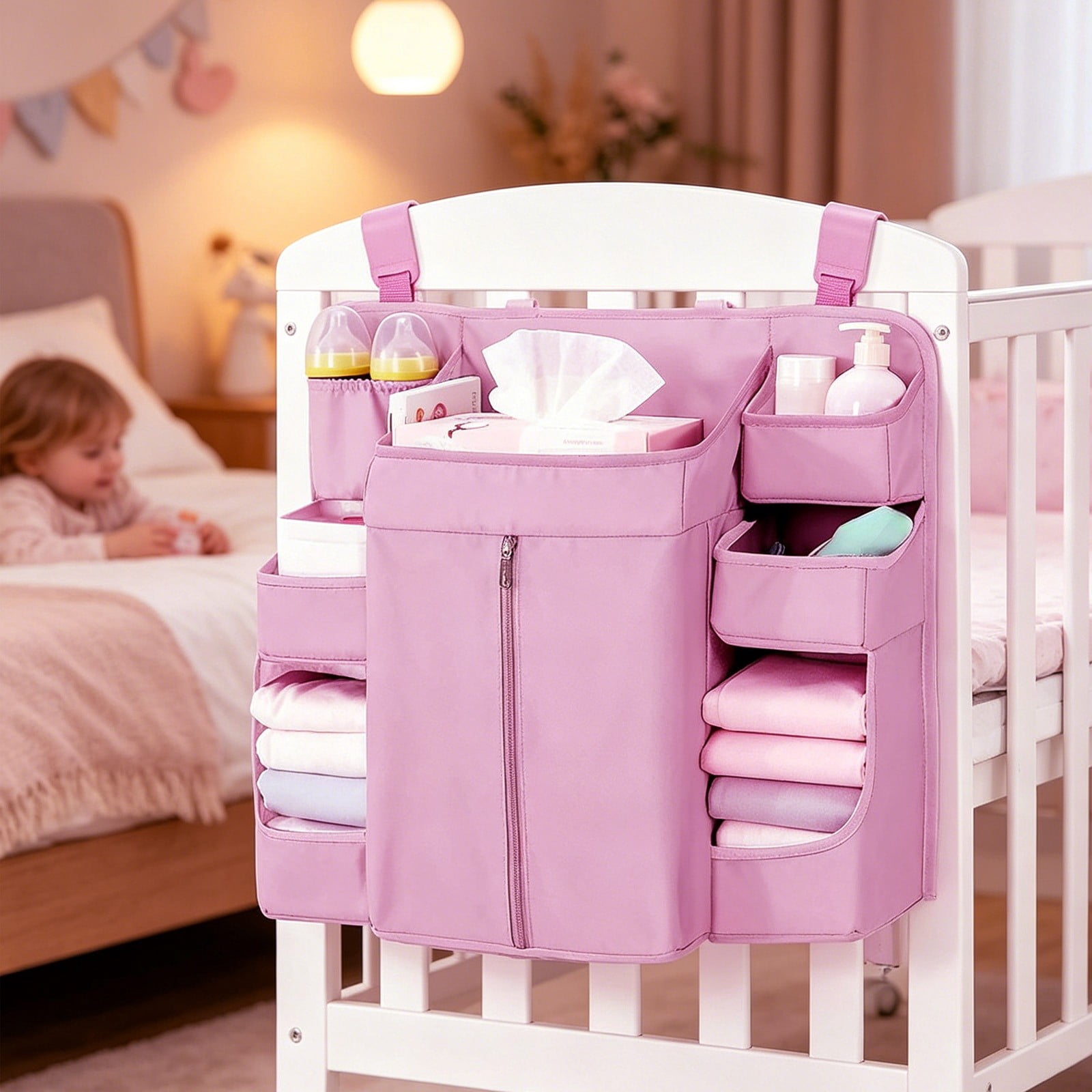 Necessities Hanging Diaper Organizer for Changing Table and Crib - Holds 10+ Diapers & Essentials, Heavy Duty Stacker Storage for Playard, 22.8" L x 19.7" W x 5.5" H