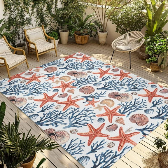 Fsddascl Coastal Outdoor Rug for Patio/Deck/Porch, Non-Slip Large Area Rug 4 x 6 Ft, Summer Beach Starfish Coral Shell Conch Nautical Indoor Outdoor Rugs Washable Area Rugs, Camping Rug Carpet