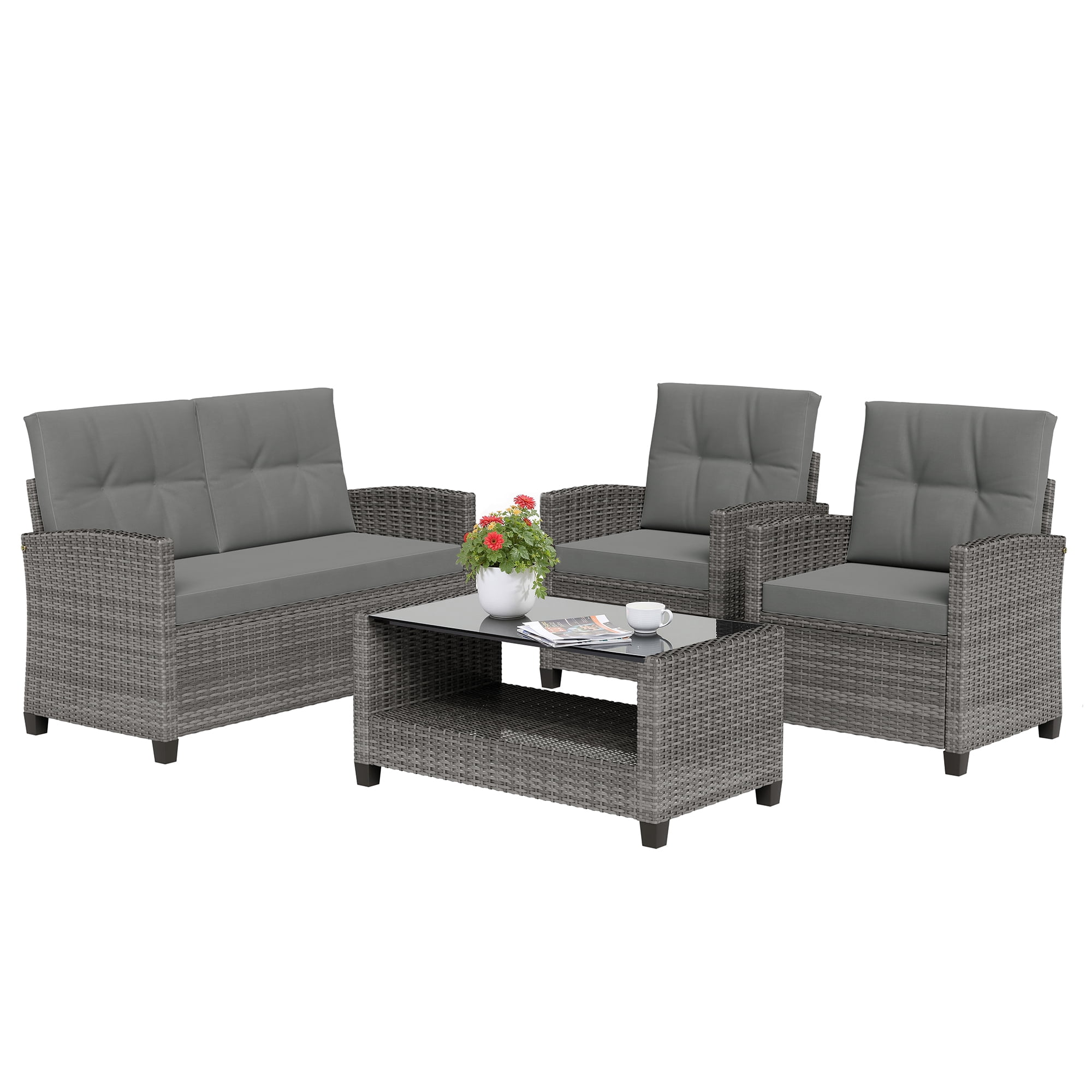 Walsunny 4 Pieces Outdoor Sectional Conversation Wicker Patio Furniture Set with Cushion Table for Backyard,Porch,Garden,Poolside Balcony,Gray