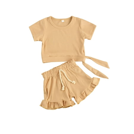 

Canrulo Baby Girl Lace-up Crop Top Short Sleeve T-Shirt Ruffle Shorts Toddle Summer Outfits 2Pcs Tracksuit Khaki 6-12 Months