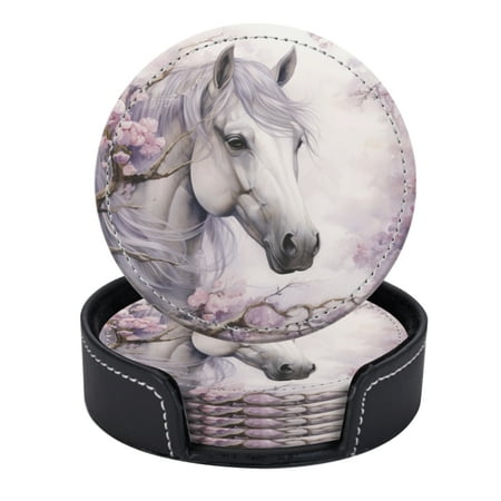 

PU Leather Coasters for Drinks Bar Beer Set of 6 with Holder Round Housewarming Gift White Horse With Purple Mane And Ears Surrounded By Cherry Blossoms