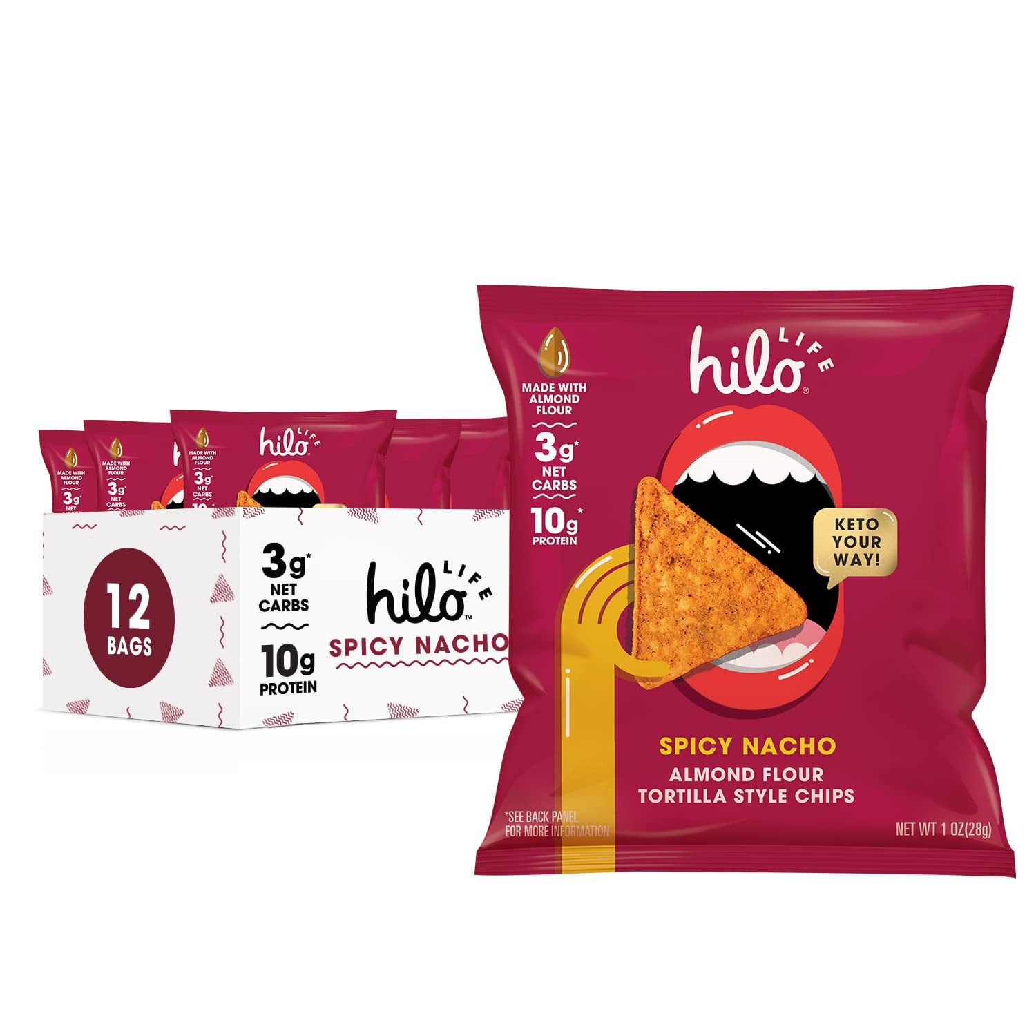 Hilo Life Low Carb Keto Friendly Tortilla Chip Snack Bags, Spicy Nacho