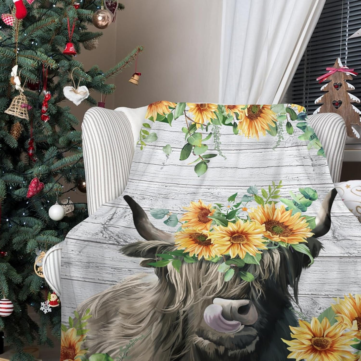 Highland Cow Sunflower Cow Blanket Baby Blanket High Definition Flowers Flannel Throw Blankets Super Warm Travel Blankets for Kids Baby 40x50inch