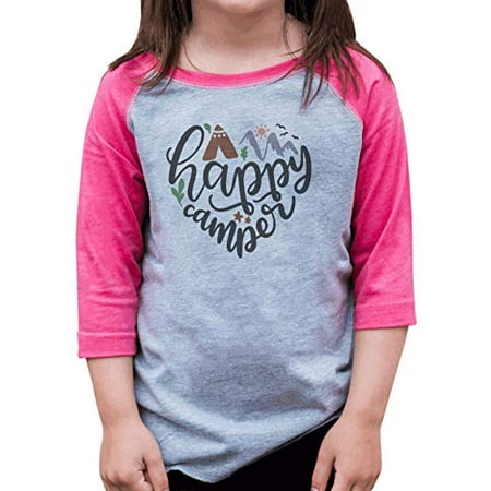 

7 ate 9 Apparel Girls Happy Camper Heart Pink Raglan