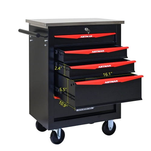 POVANLI 5 Drawer Portable Tool Box With Wheels,Tool Chest With Key Locking Tool Boxes/Organizers Black&Red