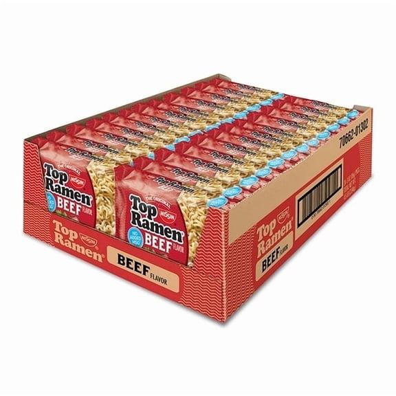 Nissin Top Ramen Beef Flavor, Instant Noodle Soup Packs, 3 oz Each, Bulk Case of 24