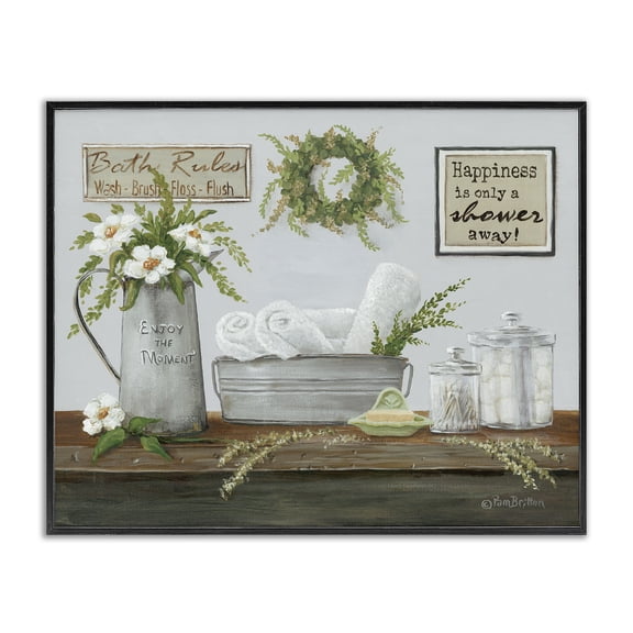 Stupell Industries Traditional Farmhouse Bathroom Counter Still Life Motivational Phrases Black Framed Giclee Art, 14 x 11, by Pam Britton