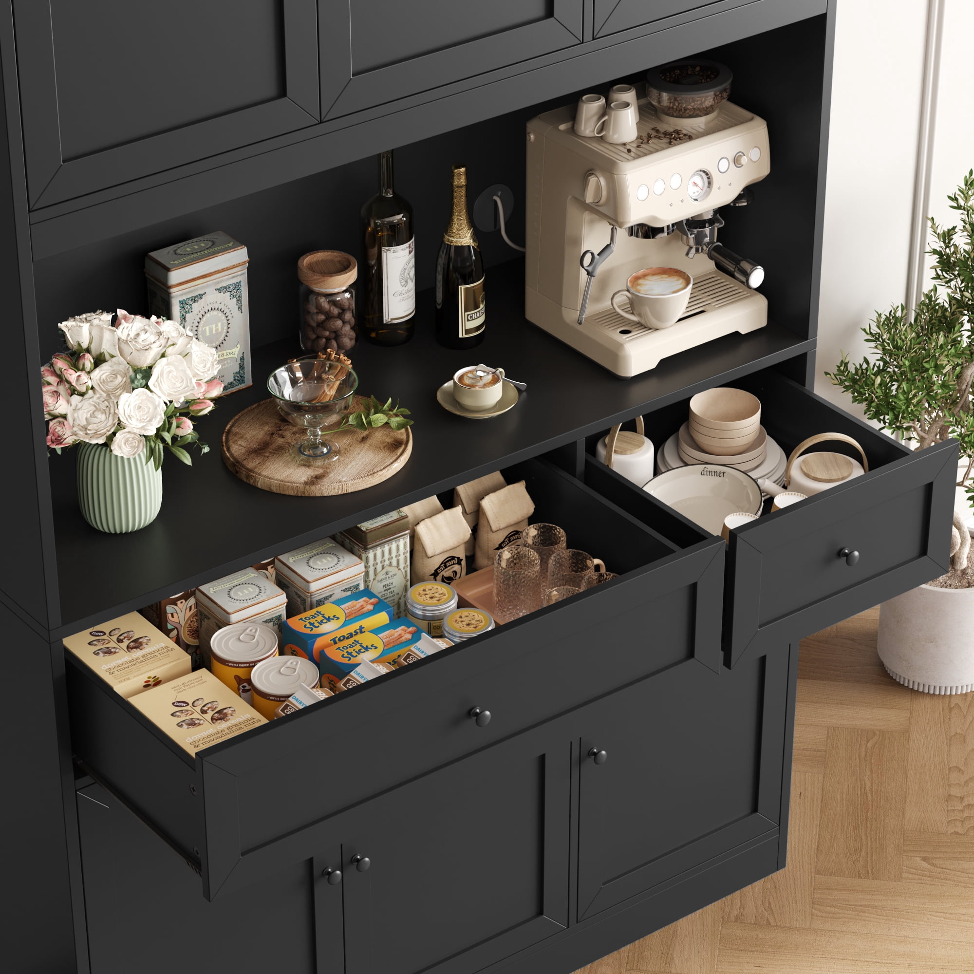 Homfa 72" Tall Kitchen Pantry with Microwave Shelf, Freestanding Kitchen Cupboard, Floor Cabinet for Dining Room, Black