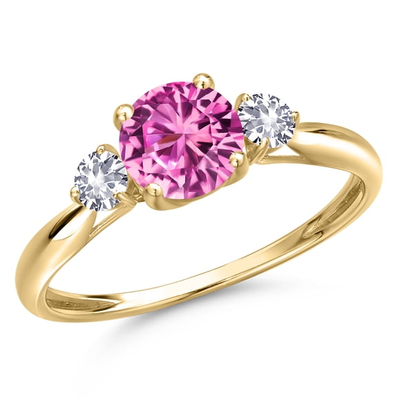 Gem Stone King 10K Yellow Gold Pink Created Sapphire and White Created Sapphire 3-Stone Ring for Women | 1.26 Cttw | Round 6MM | Gemstone September Birthstone | Size 7