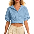 thumbnail image 2 of Women Solid Button Down Short Sleeve Blouse Casual Collared Crop Top Blue M, 2 of 5