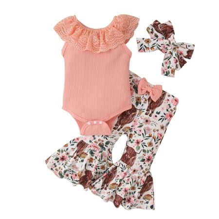 

Baby Girls Outfits Cute Romper and Pants Set With Hairband Toddler Kids Baby Girls Fashion Cute Flower Print Ruffles Vest Flared Pants Hairband Suit 6-12 Months