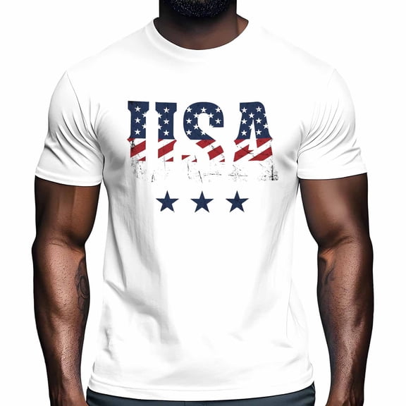USA Independence Day Men's T Shirts Patriotic American Flag Red Stripe Blue Star T-Shirt for Men Crew Neck Tees Cotton Tops White, S