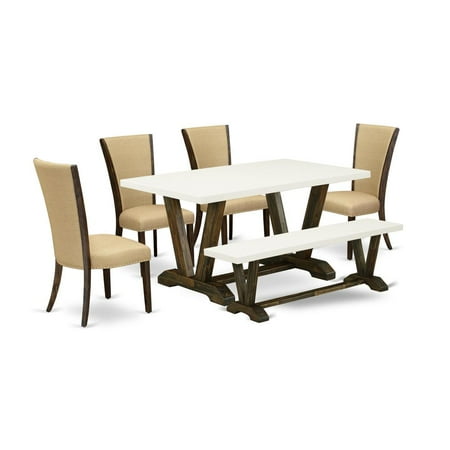 East West Furniture V726VE703-6 6 Piece Dining Room Table Set – 4 Brown Linen Fabric Dining Chair with Nailheads and Linen White Wood Table – 1 Dining Bench – Distressed Jacobean Finish East West Furniture V726VE703-6 6 Piece Dining Room Table Set – 4 Brown Linen Fabric Dining Chair with Nailheads and Linen White Wood Table – 1 Dining Bench – Distressed Jacobean Finish