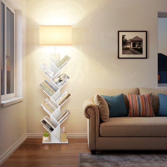 OUTONLIFE Floor Lamp with Shelves,Tree Bookcase with Light, 9-Tier Floor Standing Bookcase for Living Room Bedroom, Office, White